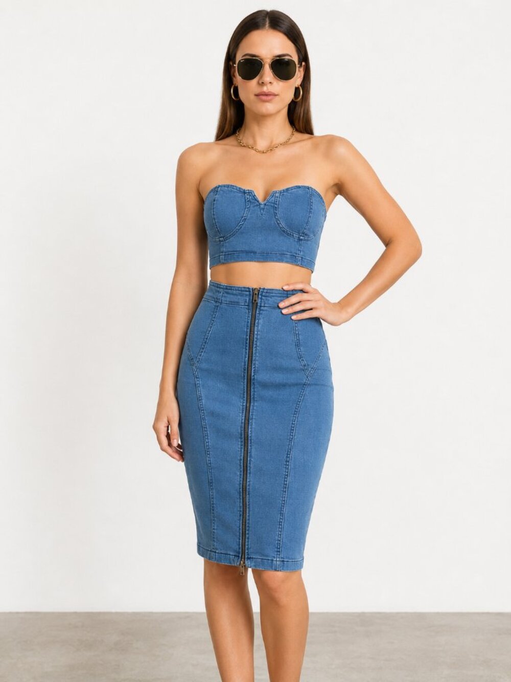 Medium Wash Denim Midi Skirt Set Zip Front NWT